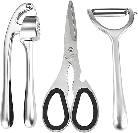 3-Piece Stainless Steel Kitchen Utensil Set with Scissors, Peeler, and Garlic Press