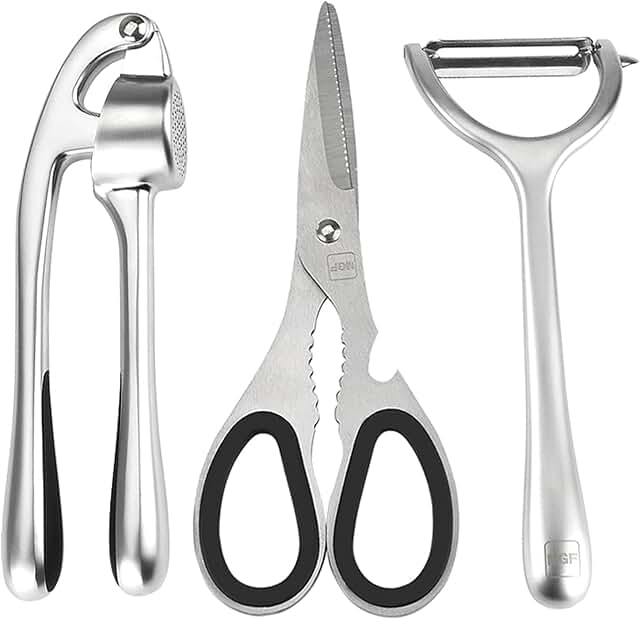 3-Piece Stainless Steel Kitchen Utensil Set with Scissors, Peeler, and Garlic Press