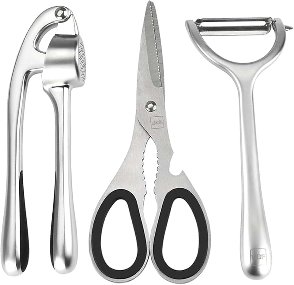 3-Piece Stainless Steel Kitchen Utensil Set with Scissors, Peeler, and Garlic Press