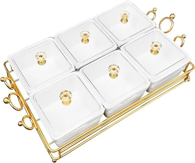 Ceramic Bowls with Lid and Gold Basket Trays Set
