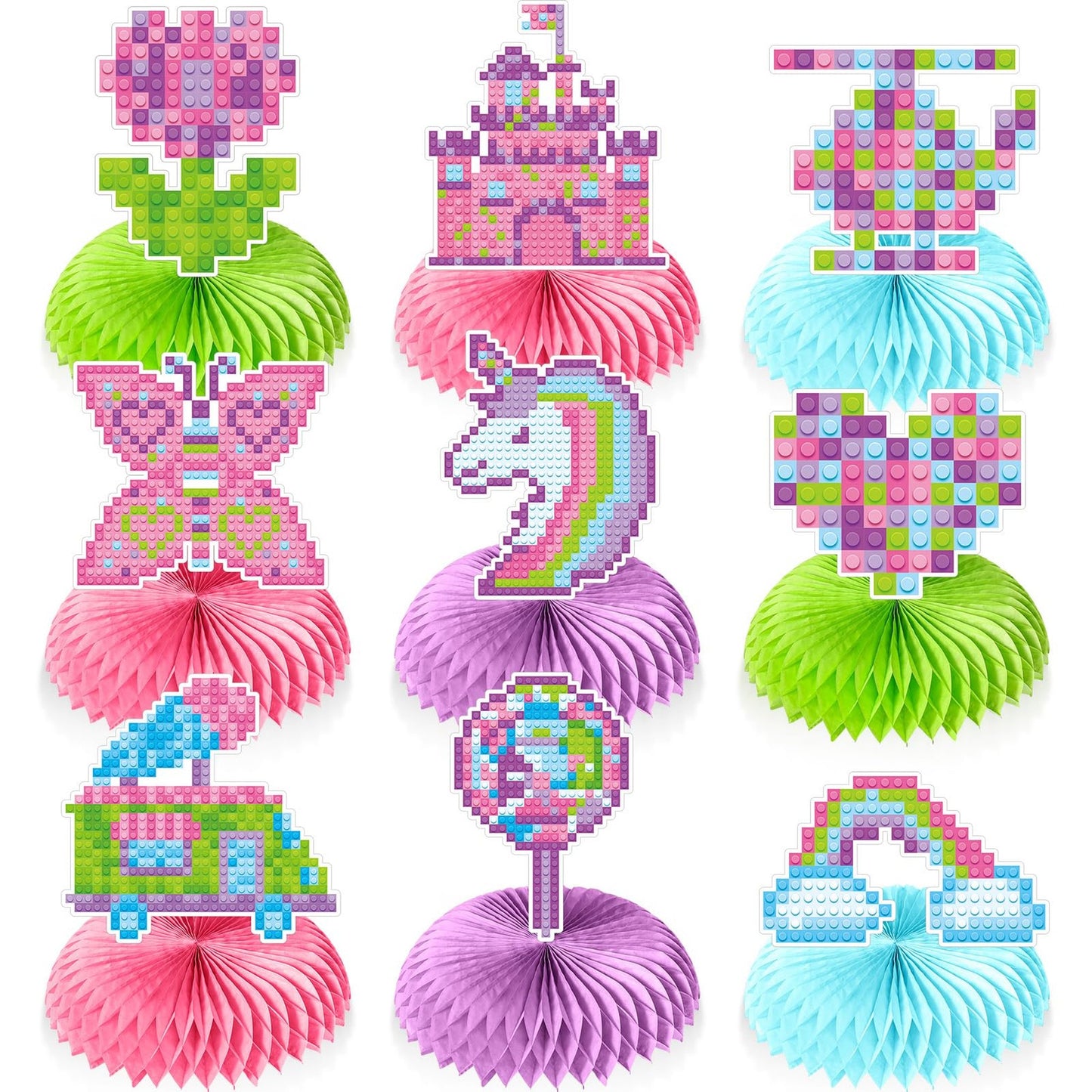 Pink Brick Party Centerpieces - Set of 9 Honeycomb Table Decorations for Girls Birthday, Building Block Themed Cake Topper and Decor Supplies