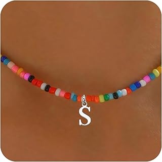 Colorful Beaded Gold-Plated Letter Necklace for Women