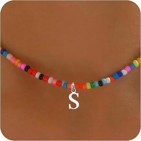 Colorful Beaded Gold-Plated Letter Necklace for Women