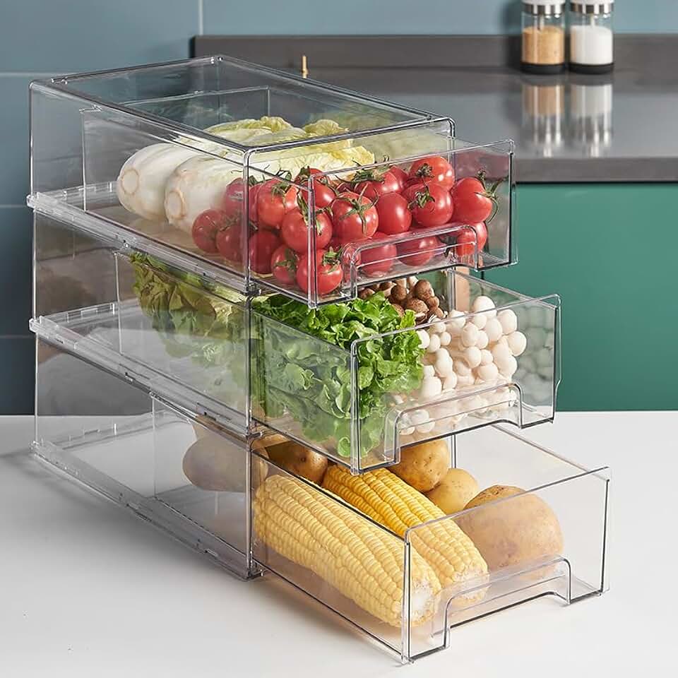 Large Clear Stackable Refrigerator Drawer Bins (2 Pack)