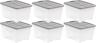 Set of 6 Clear and Grey Plastic Storage Bins with Latching Lids