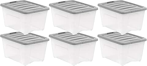 Set of 6 Clear and Grey Plastic Storage Bins with Latching Lids