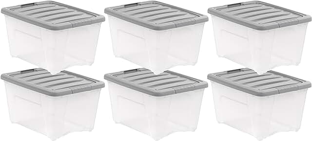 Set of 6 Clear and Grey Plastic Storage Bins with Latching Lids
