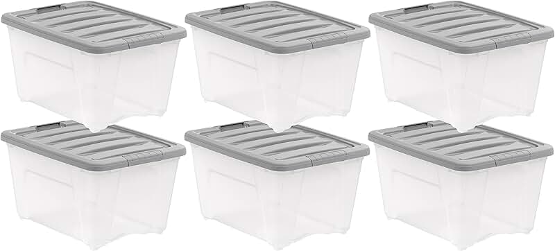 Set of 6 Clear and Grey Plastic Storage Bins with Latching Lids