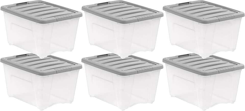 Set of 6 Clear and Grey Plastic Storage Bins with Latching Lids