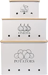 Set of 3 White Vegetable Storage Tins with Wooden Lids