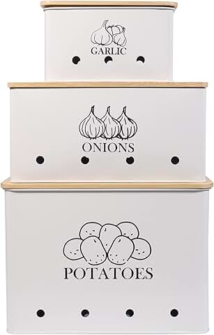 Set of 3 White Vegetable Storage Tins with Wooden Lids