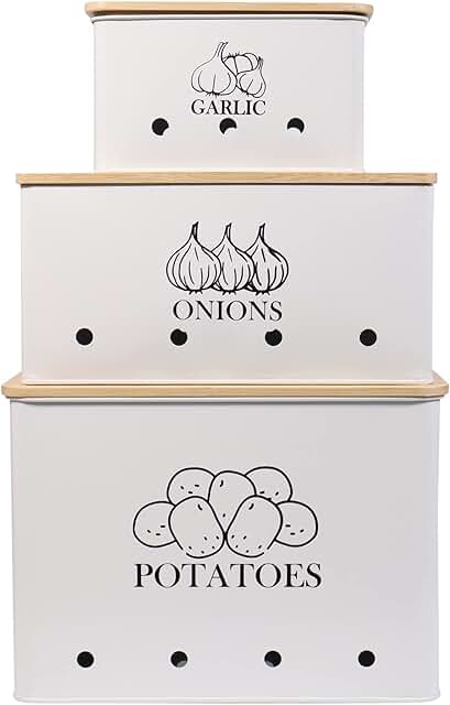 Set of 3 White Vegetable Storage Tins with Wooden Lids