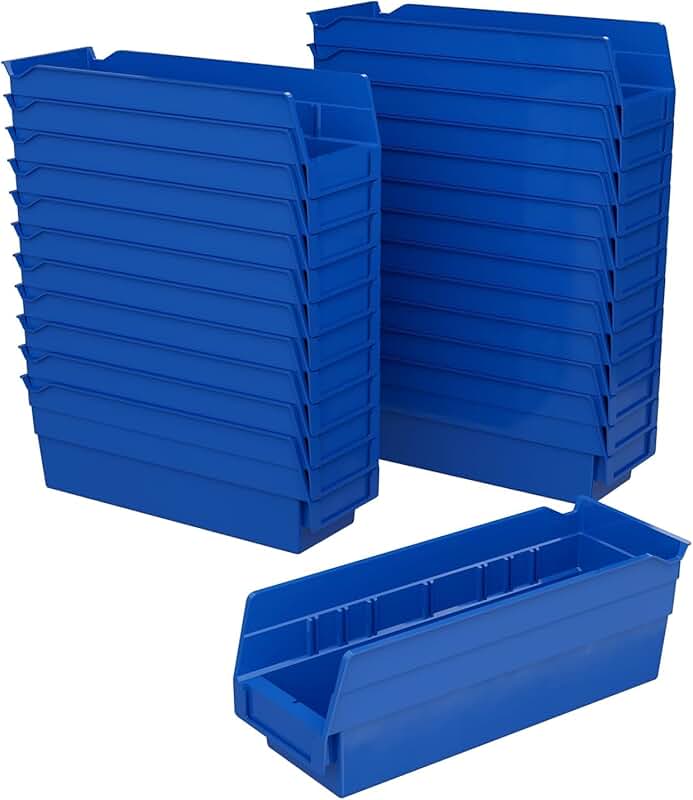 Heavy Duty Plastic Shelf Bins, 12x4x4, Blue, 24-Pack