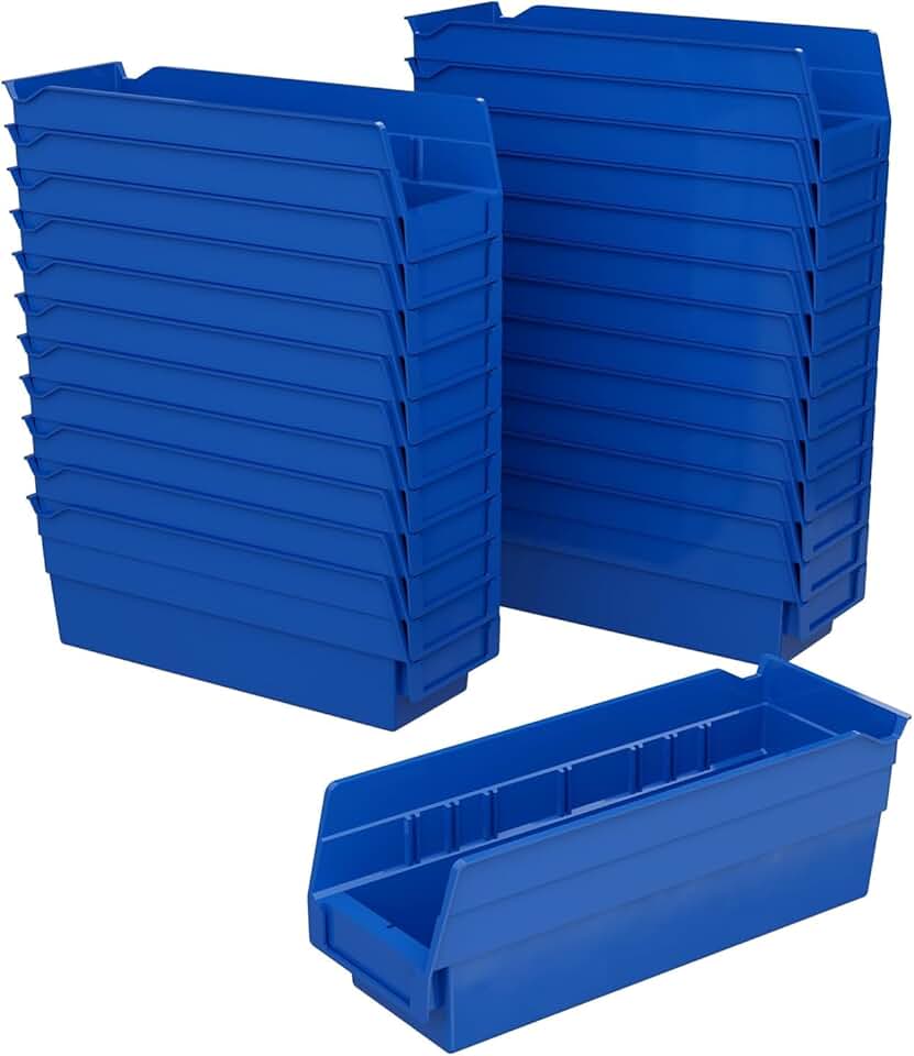 Heavy Duty Plastic Shelf Bins, 12x4x4, Blue, 24-Pack