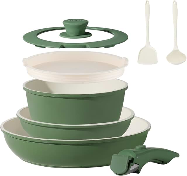 8-Piece Green Ceramic Cookware Set with Removable Handles