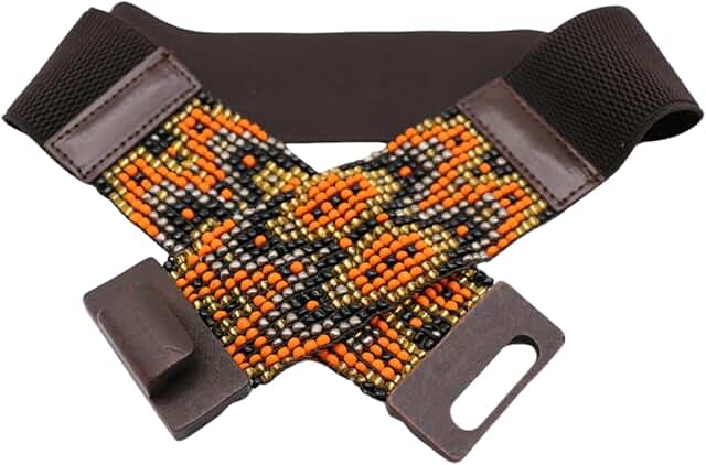 Women’s Orange Gold Beads Belt with Wood Buckle