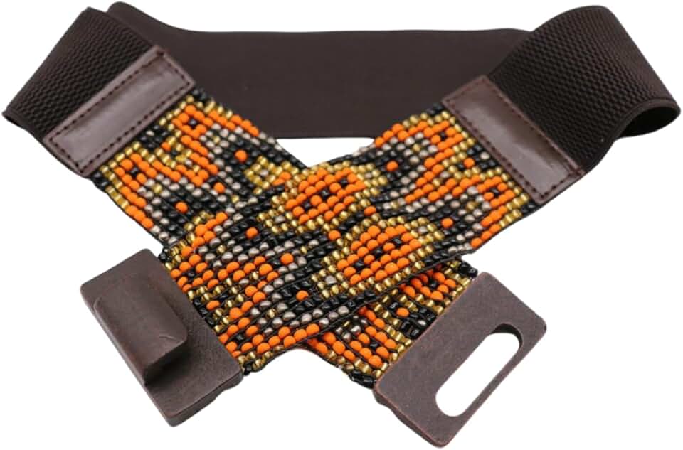 Women’s Orange Gold Beads Belt with Wood Buckle
