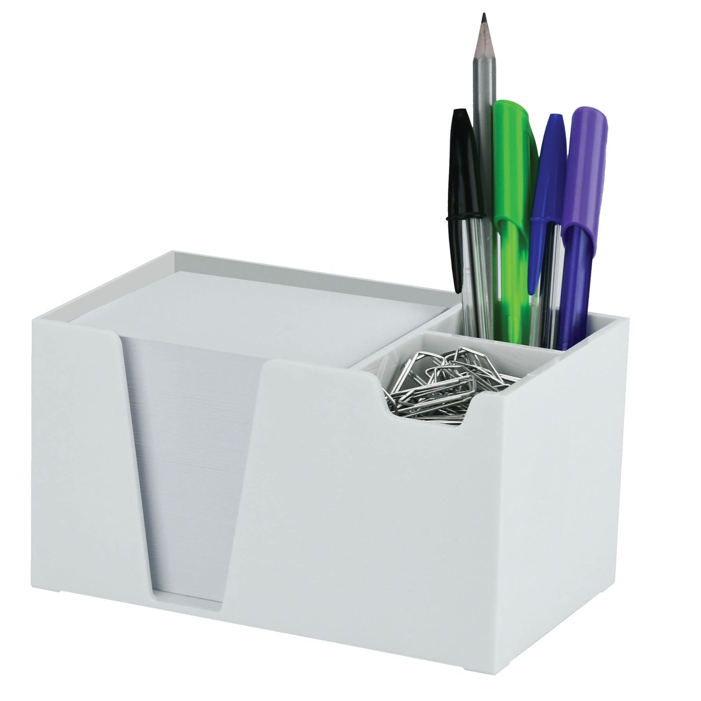 White plastic desktop organizer for pens, paper, and clips