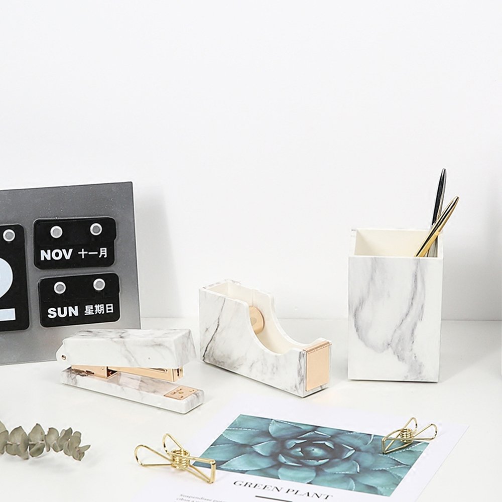 White marble desk stationery set with pen holder, tape dispenser, and stapler