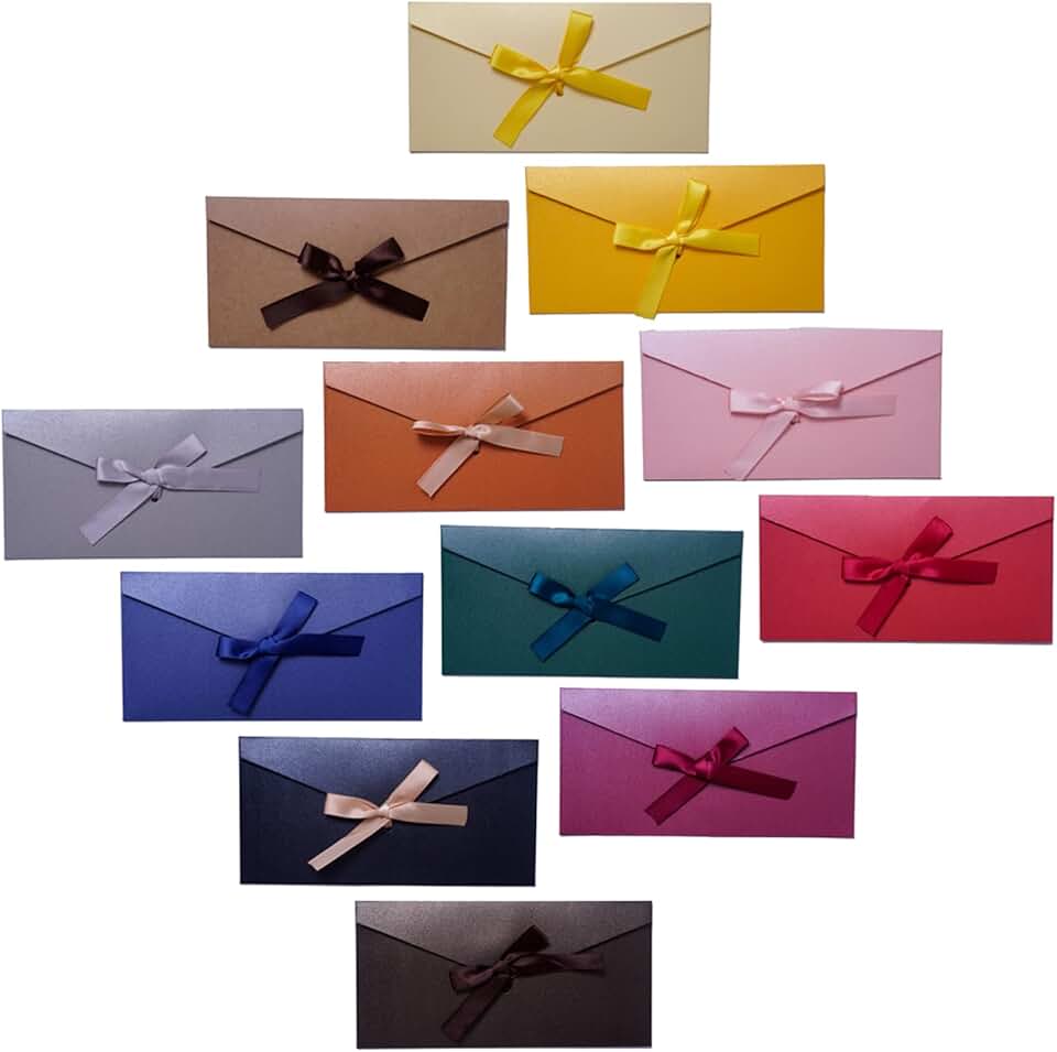 Set of 24 colorful paper gift card envelopes with ribbons