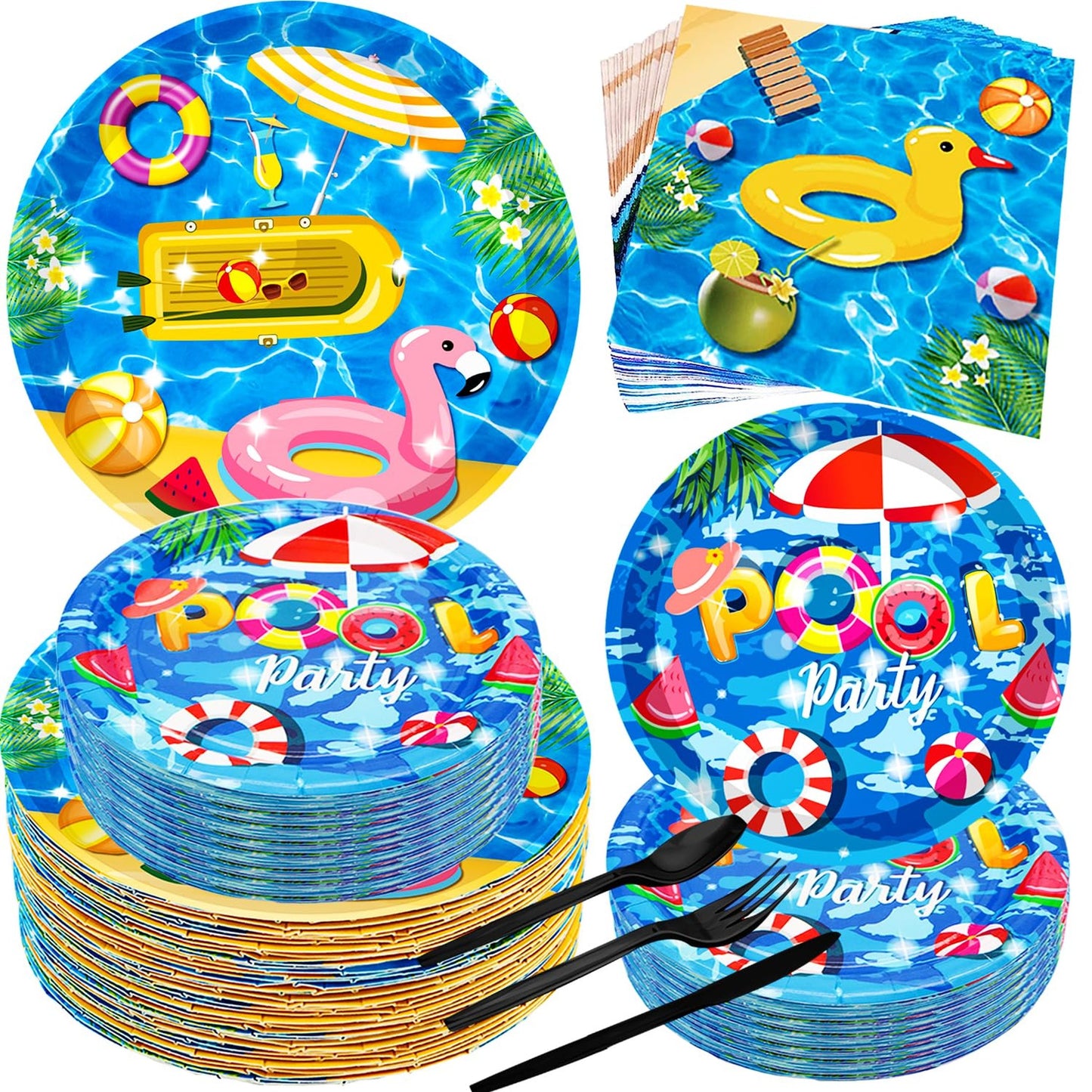 Beach Bash Party Pack - 150 Piece Pool Party Supplies Set with Plates, Napkins, Cutlery for Luau, Water Tube, Picnic, Birthday Decoration Theme