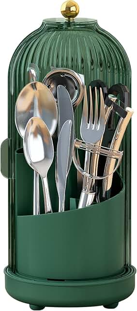 Rotating Utensil Holder with Lid for Flatware Storage