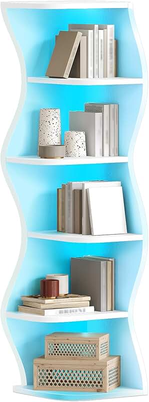6-Tier Corner Shelf with LED Light, 59.3" Tall White Bookcase