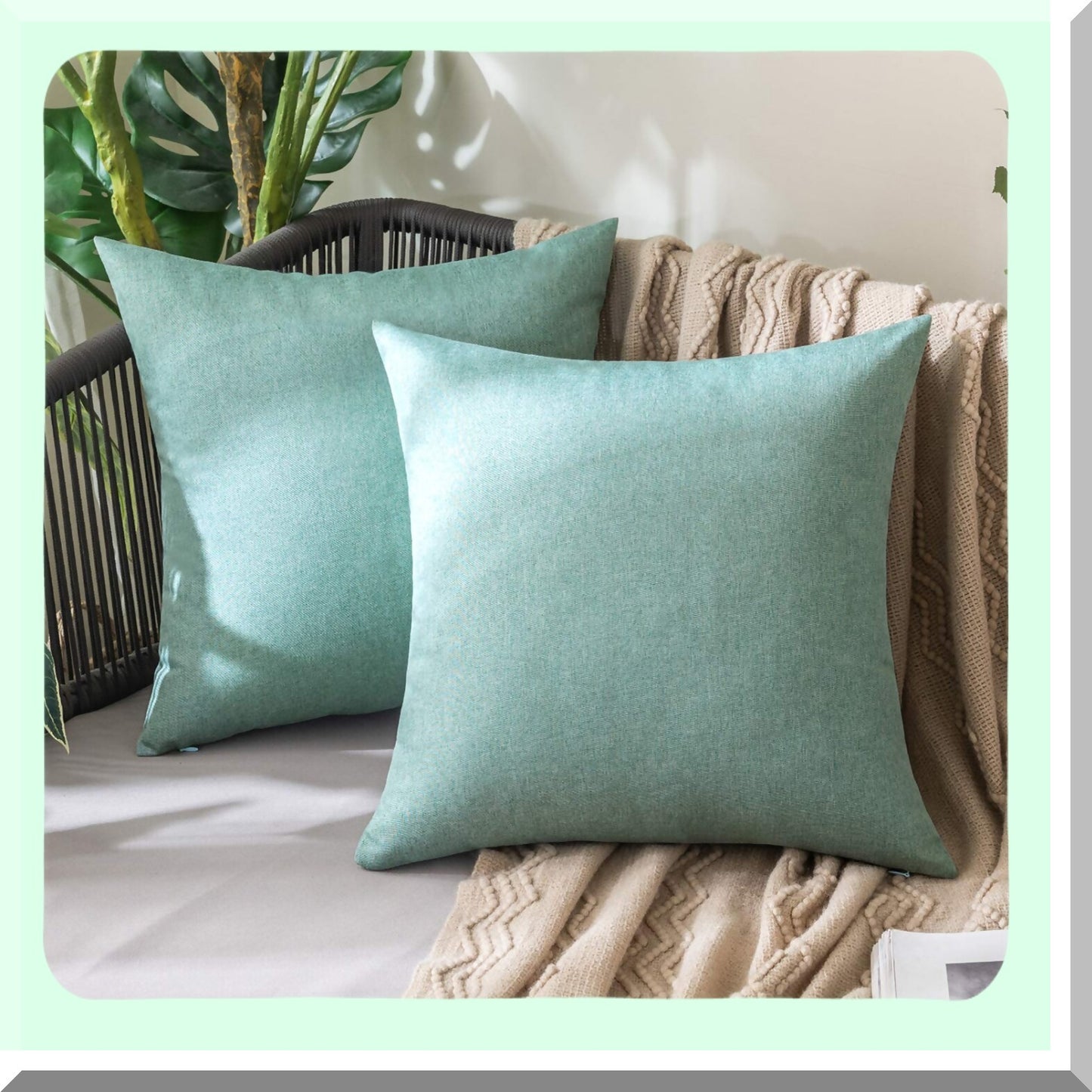 Waterproof Farmhouse Linen Throw Pillow Covers - Set of 2 Outdoor Decorative Cushion Cases for Spring Patio, Tent, Balcony, Couch, Sofa - 18x18 inch Teal