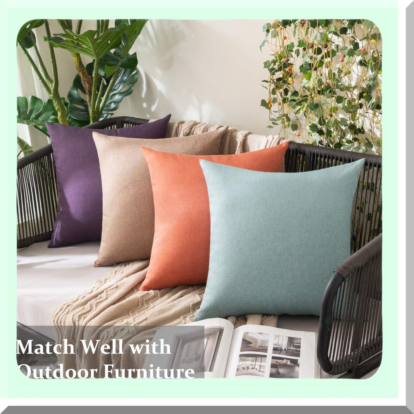 Waterproof Farmhouse Linen Throw Pillow Covers - Set of 2 Outdoor Decorative Cushion Cases for Spring Patio, Tent, Balcony, Couch, Sofa - 18x18 inch Teal