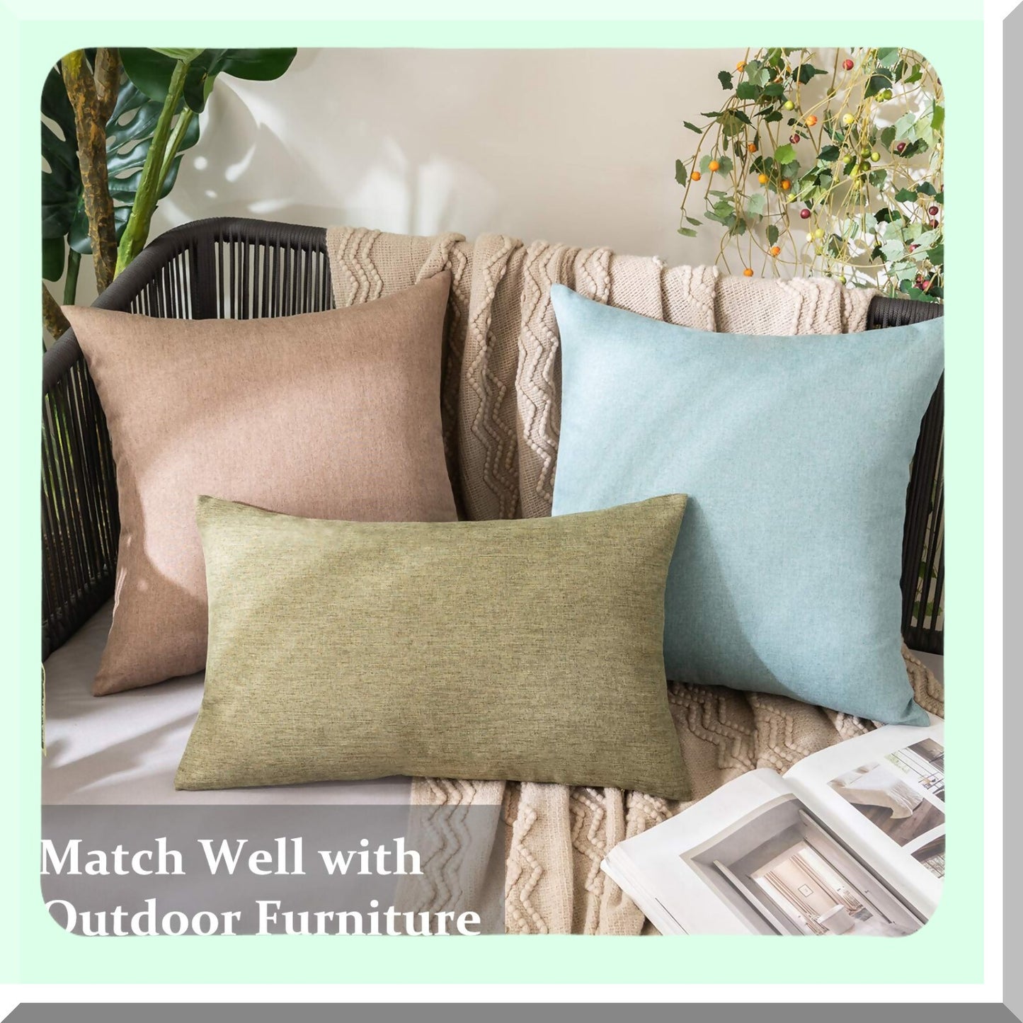 Waterproof Farmhouse Linen Throw Pillow Covers - Set of 2 Outdoor Decorative Cushion Cases for Spring Patio, Tent, Balcony, Couch, Sofa - 18x18 inch Teal
