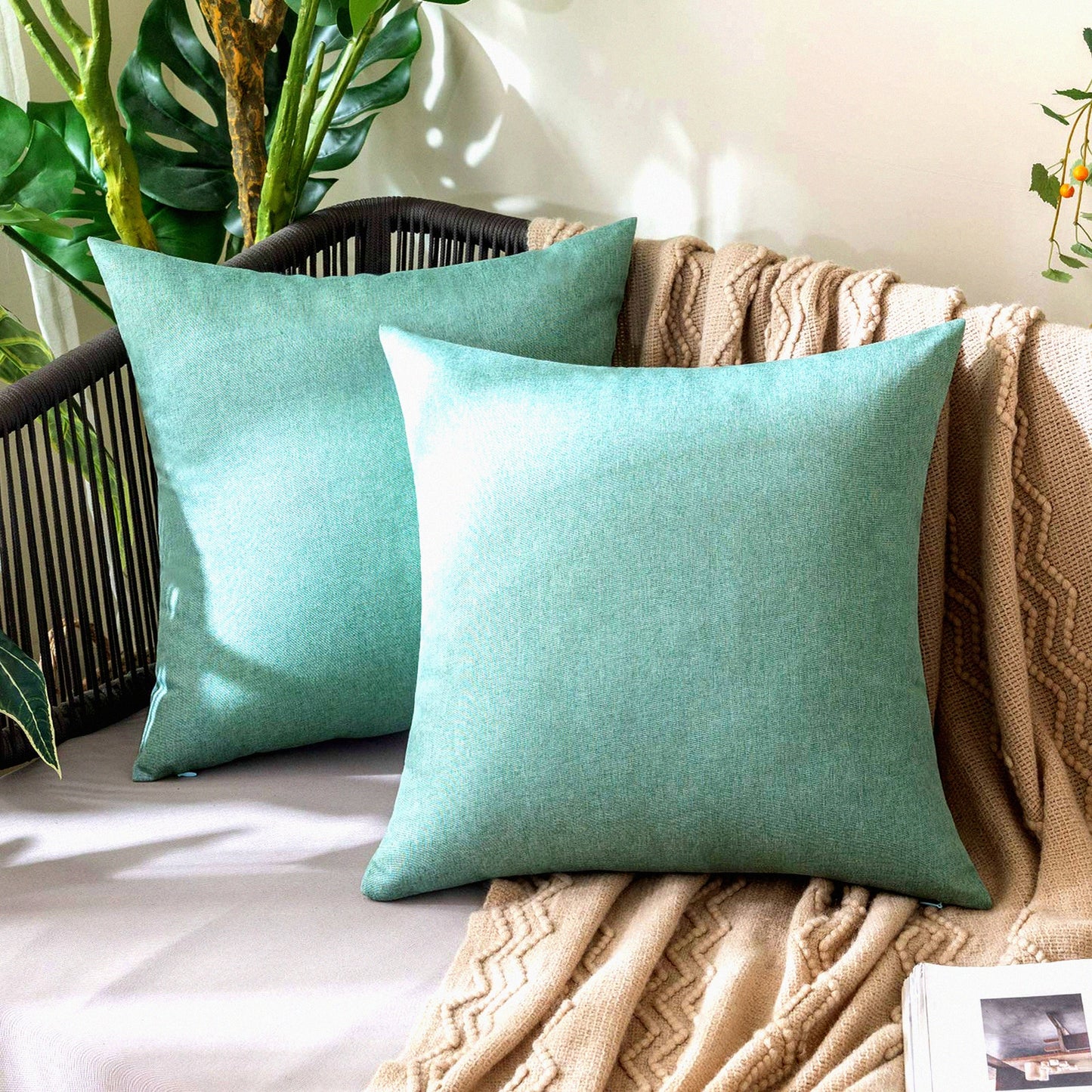 Waterproof Farmhouse Linen Throw Pillow Covers - Set of 2 Outdoor Decorative Cushion Cases for Spring Patio, Tent, Balcony, Couch, Sofa - 18x18 inch Teal