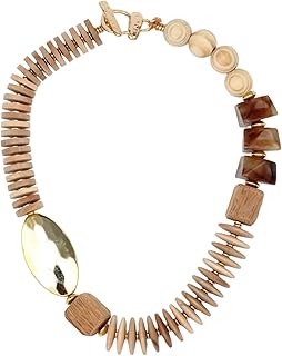 Chunky Wooden Necklace for Women with Gold Charm