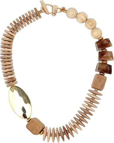 Chunky Wooden Necklace for Women with Gold Charm