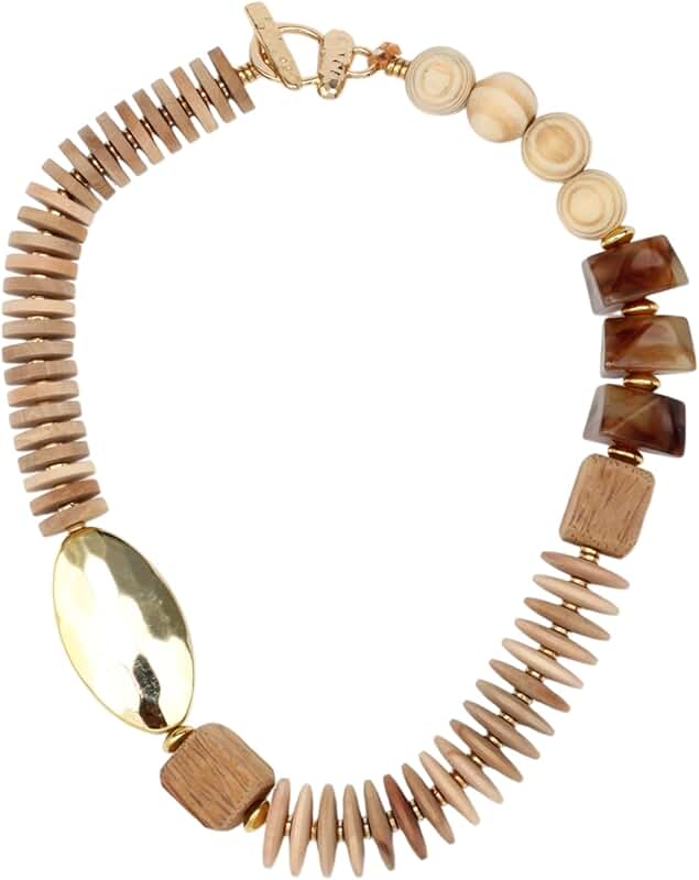 Chunky Wooden Necklace for Women with Gold Charm