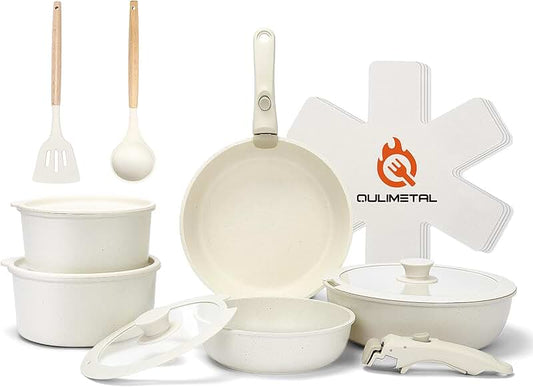 Pink 12-Piece Wooden Handle Silicone Cookware Set with Storage
