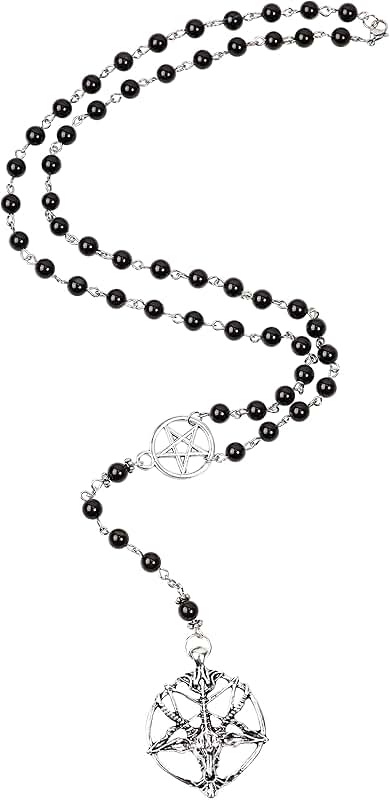 Gothic Long Bead Rosary with Baphomet and Pentagram