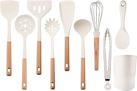 Six-piece silicone kitchen utensil set with spatula and holder