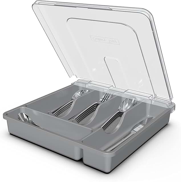 Grey 5-Compartment Silverware Tray with Lid