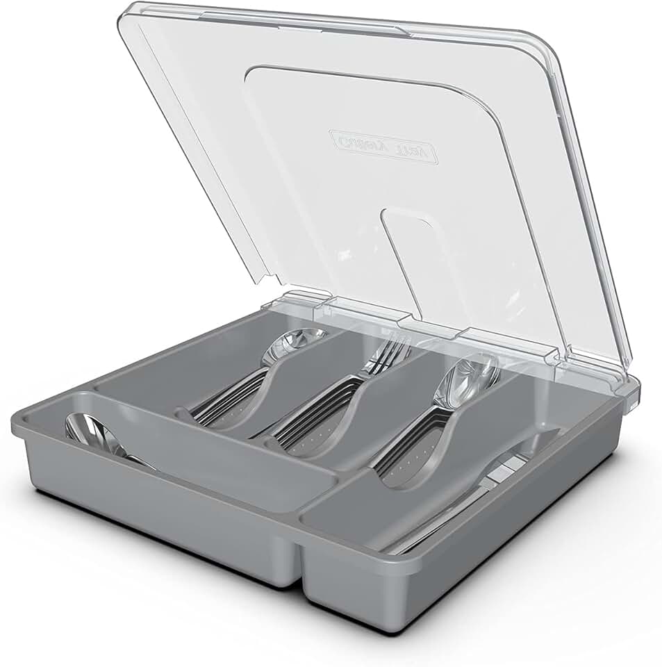 Grey 5-Compartment Silverware Tray with Lid
