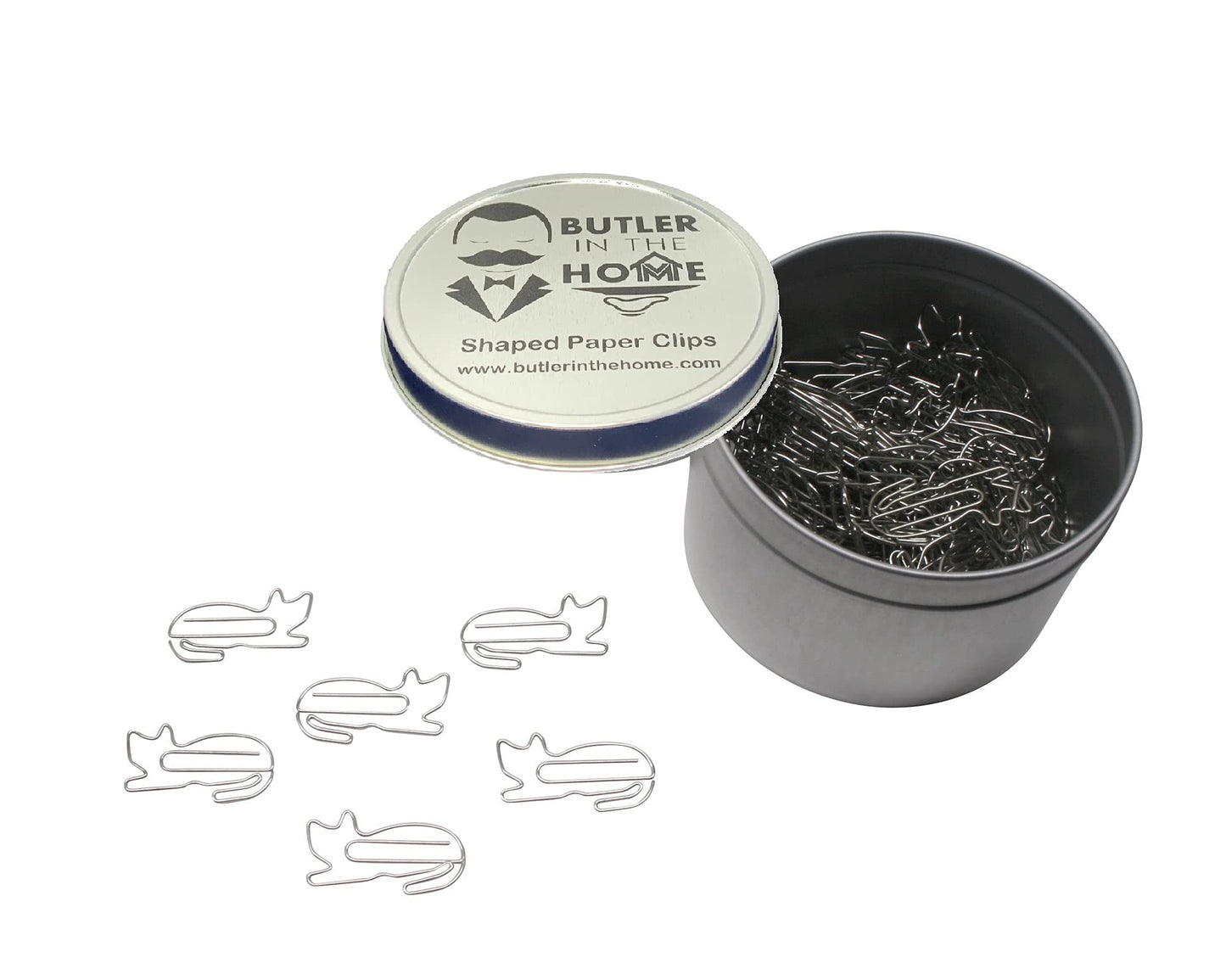Cat-shaped paper clips in silver tin, 100 pieces