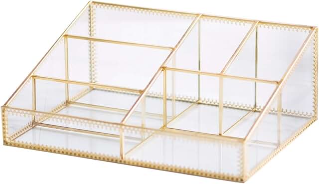 Antique Glass Makeup Organizer with Gold Spin for Brushes and Lipsticks