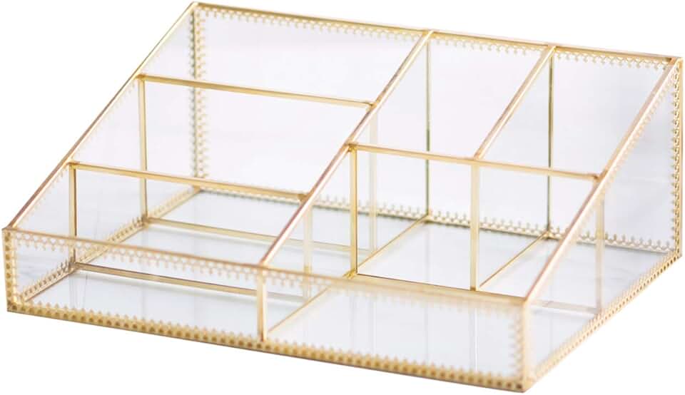 Antique Glass Makeup Organizer with Gold Spin for Brushes and Lipsticks