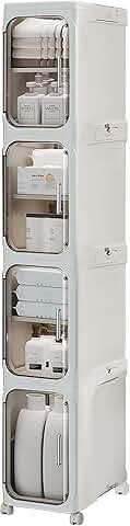 Tall narrow 4-tier storage cabinet with transparent doors