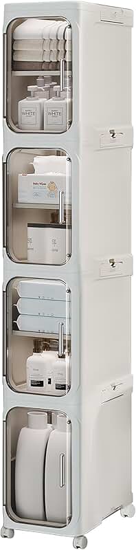 Tall narrow 4-tier storage cabinet with transparent doors