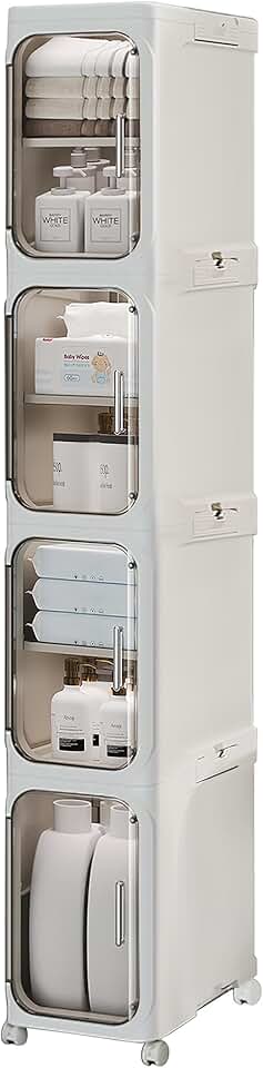Tall narrow 4-tier storage cabinet with transparent doors