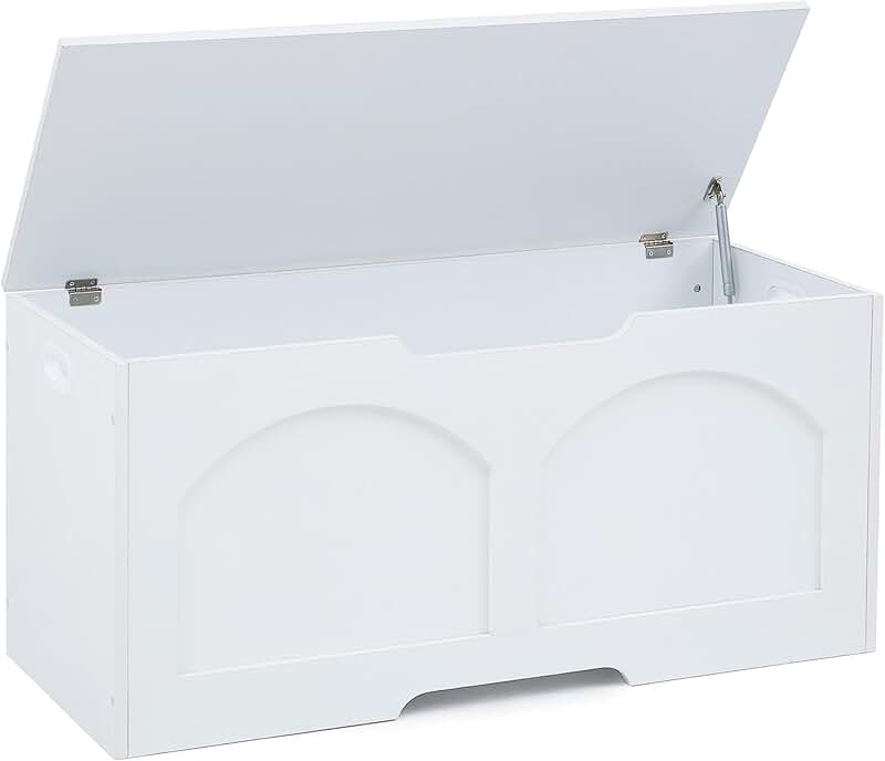 Wooden Storage Chest with Safety Hinge, White, 31.5x15.7x18.3 inches