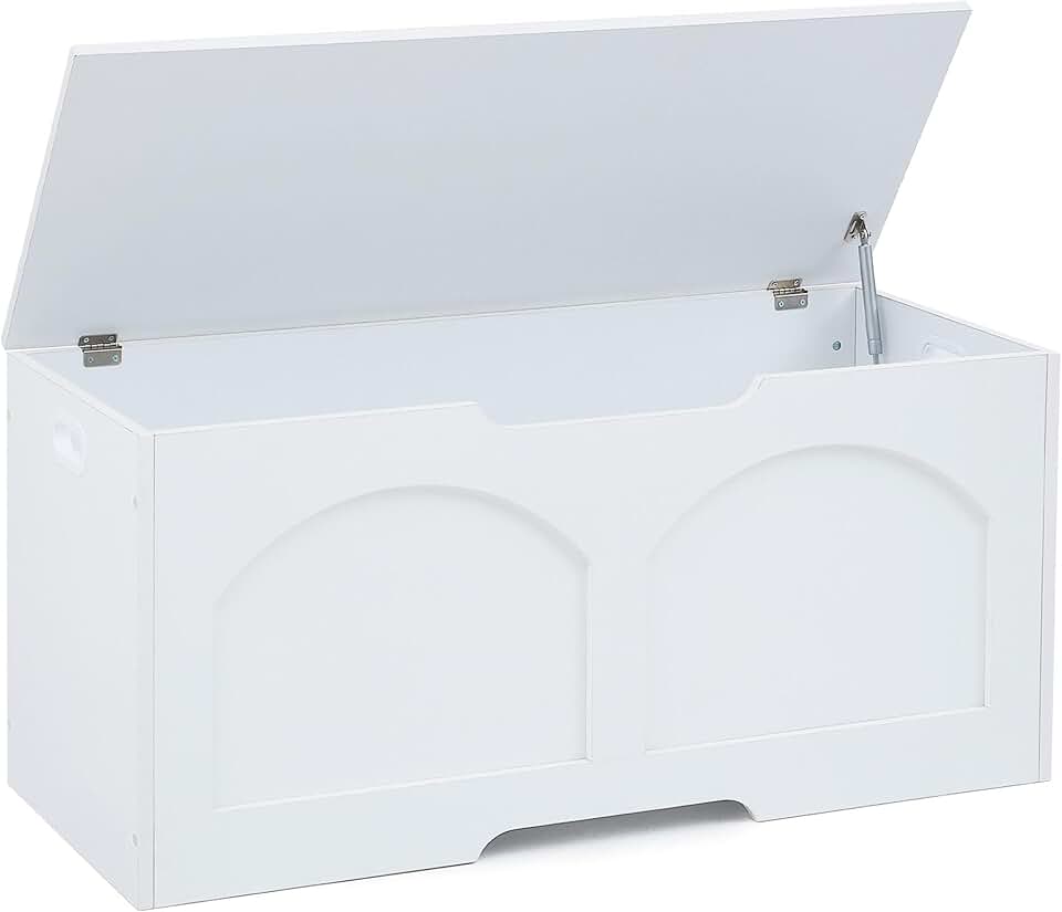 Wooden Storage Chest with Safety Hinge, White, 31.5x15.7x18.3 inches
