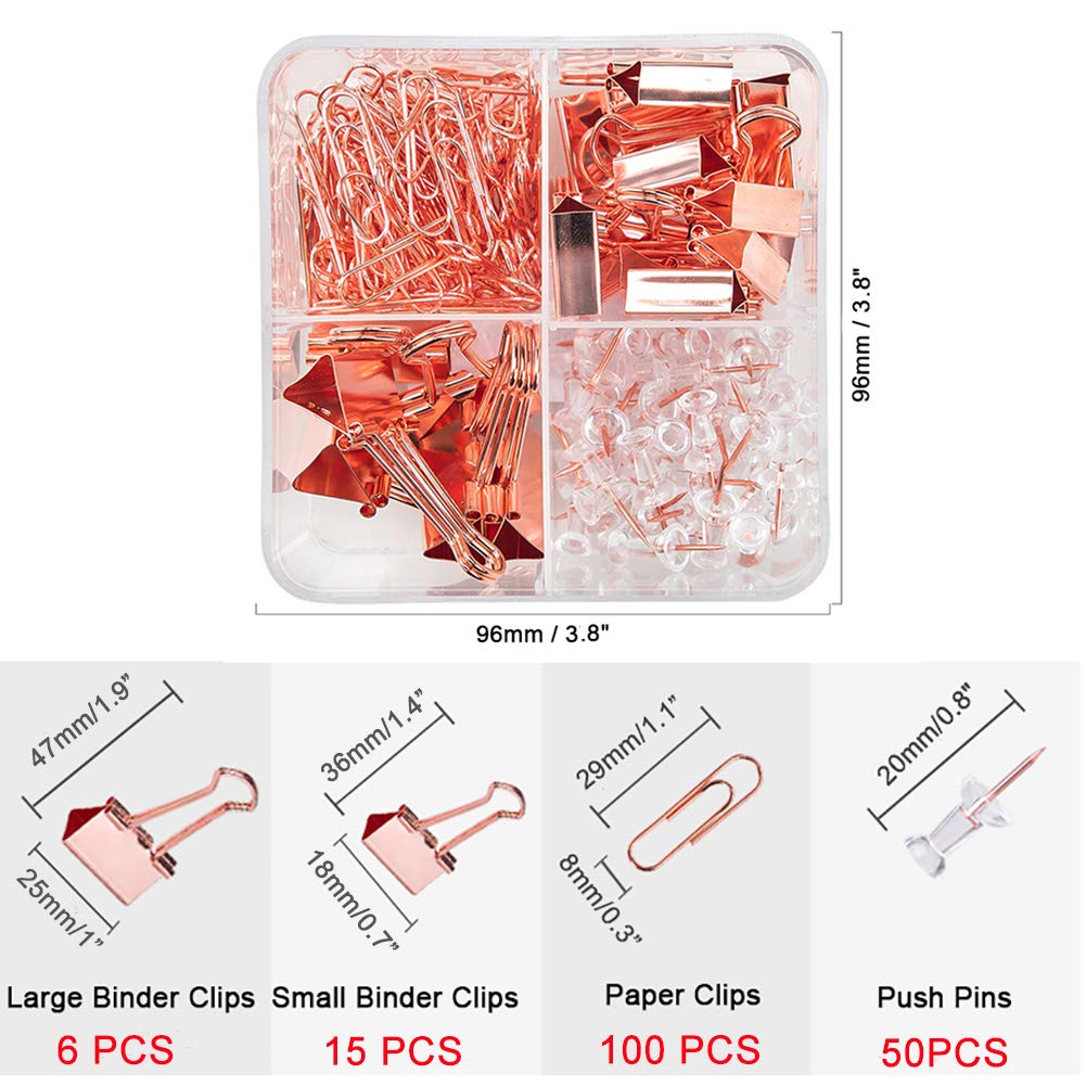 Rose Gold Binder and Paper Clips with Push Pins Set
