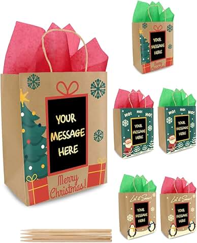 Six Medium Brown Christmas Gift Bags with Handles