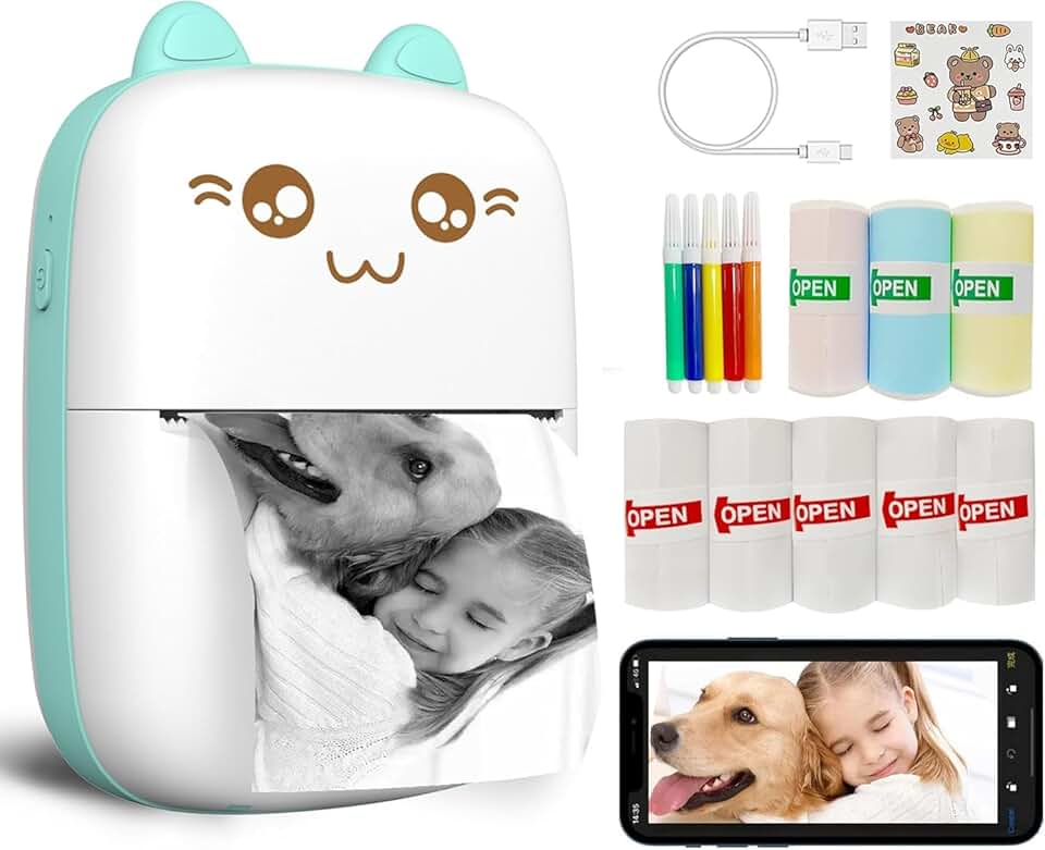 Portable Inkless Sticker Printer with 8 Rolls for Photos and Notes